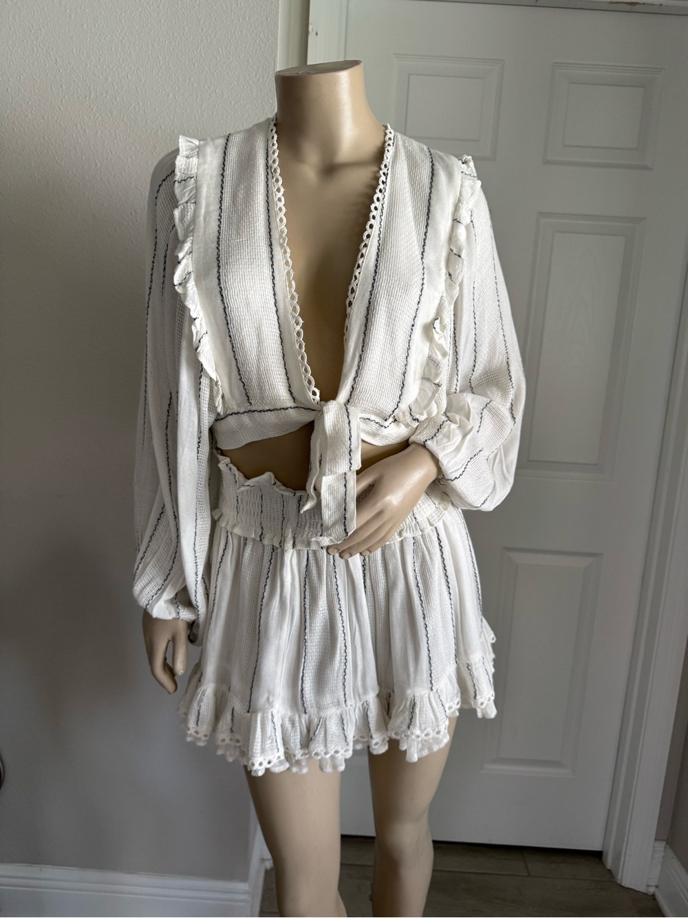 Surf Gypsy White Two-Piece Ruffled Crop Top and Skirt Set